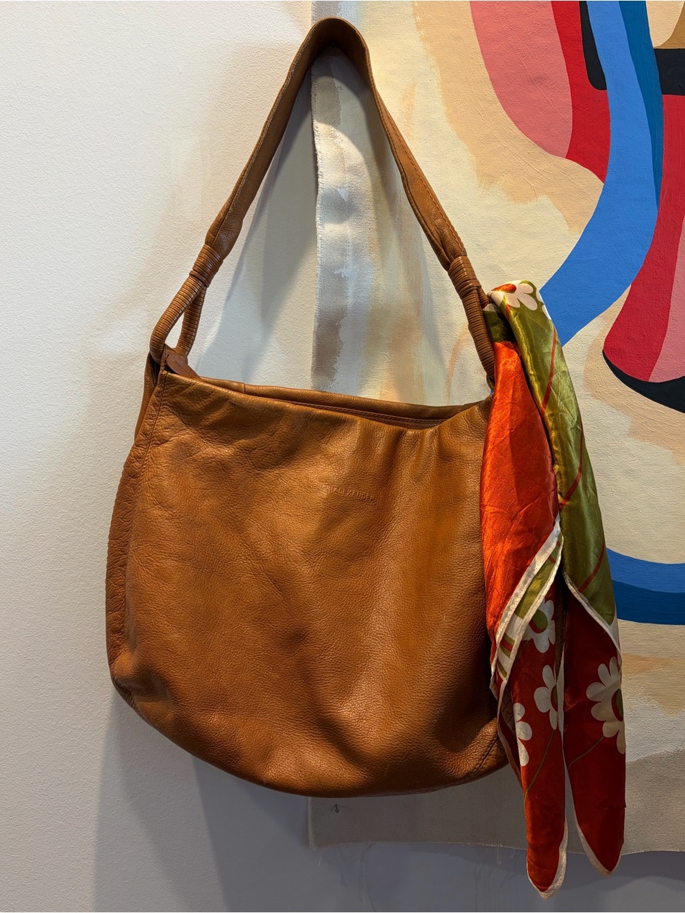 Derek Alexander Cognac Leather Hobo Bag with Scarf
